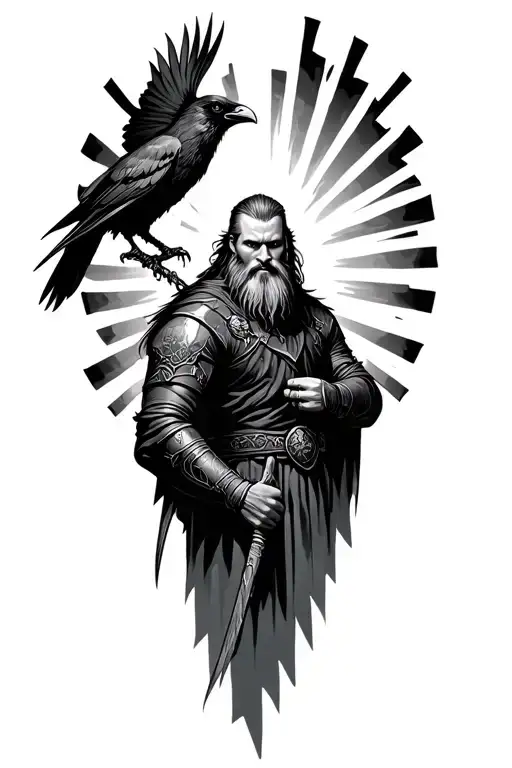 Ragnar Lothbrok with a crow and rays in the tattoo design idea