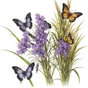 a small but tall clump of African tall grass with purple flowers in it and 3 butterfly's flying around  tattoo design idea