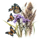 a small but tall clump of African tall grass with purple flowers in it and 3 butterfly's flying around  tattoo design idea