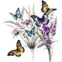 a small but tall clump of African tall grass with purple flowers in it and 3 butterfly's flying around  tattoo design idea