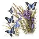 a small but tall clump of African tall grass with purple flowers in it and 3 butterfly's flying around  tattoo design idea