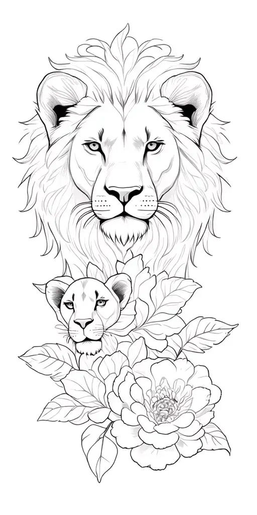 lion, lioness and 2 cubs peony flowers intertwined tattoo design idea