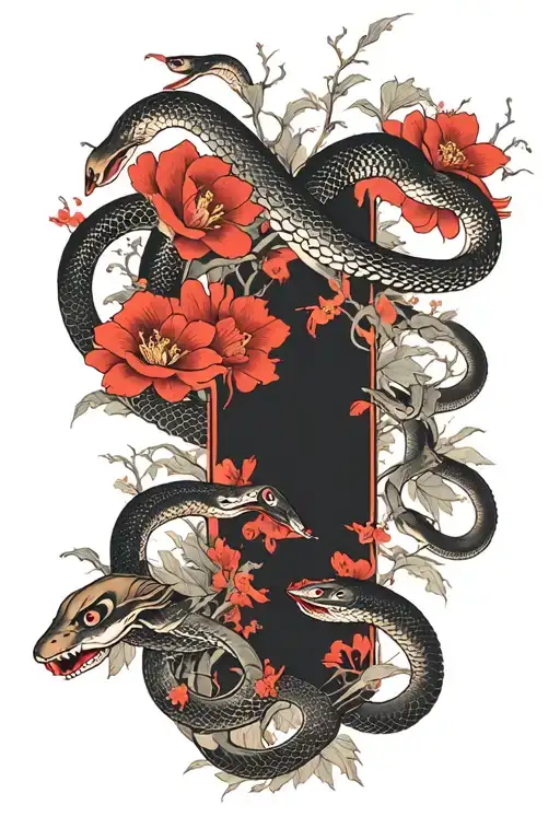 arm sleeve tattoo japanese style dark contrast with red flowers and snakes for cover up tattoo tattoo design idea