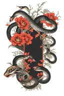 arm sleeve tattoo japanese style dark contrast with red flowers and snakes for cover up tattoo tattoo design idea