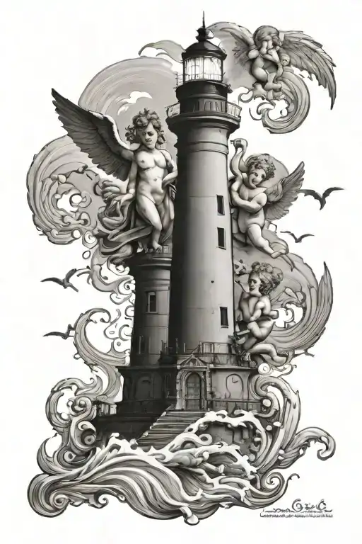 “Black-and-gray tattoo of three cherubs: love, hate, and death.Background with waves, the Lighthouse of Alexandria tattoo design idea