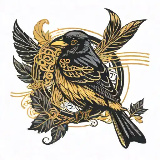 black bird with golden feathers and black lines  tattoo design idea