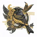black bird with golden feathers and black lines  tattoo design idea