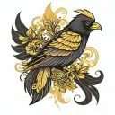 black bird with golden feathers and black lines  tattoo design idea