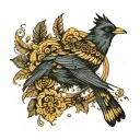 black bird with golden feathers and black lines  tattoo design idea