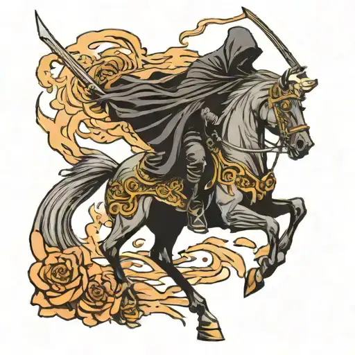 Pale cloaked reaper on undead black horse holding a glaive  tattoo design idea