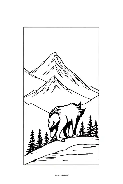 a real Wolverine animal overlooking mountain and forest tattoo design idea