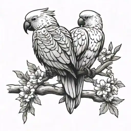 simple black outline of 3 cockatoos sitting on the same branch tattoo design idea