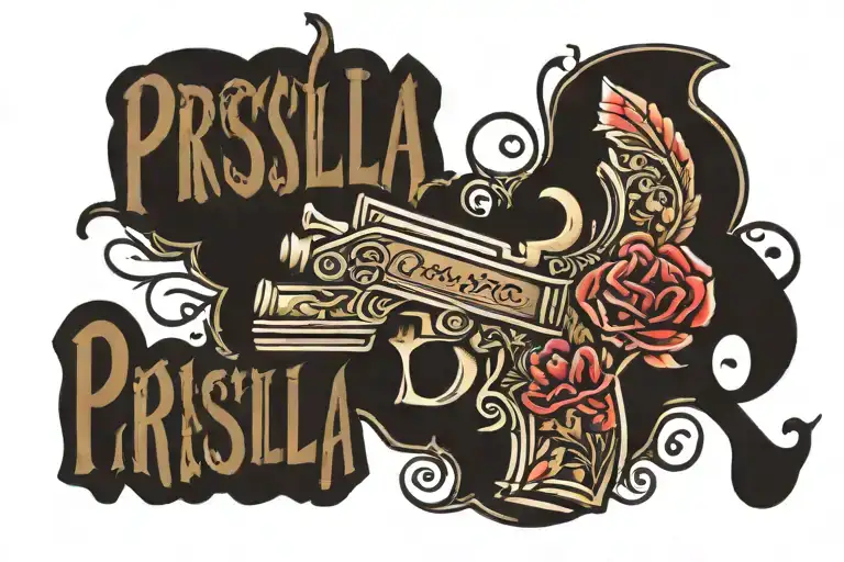 pistol with Priscilla name written tattoo design idea