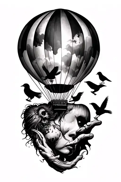 female zombie sleeve tattoo featuring 5 birds and a hot air balloon tattoo design idea