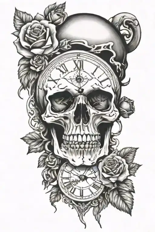 skull and roses and clock face tattoo design idea