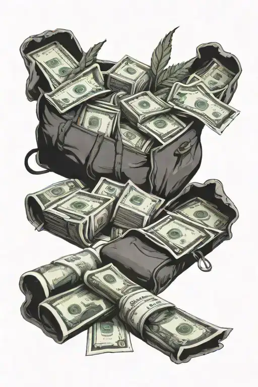 rolls of 100 dollar bills with weed growing out of it and a bags of money  tattoo design idea