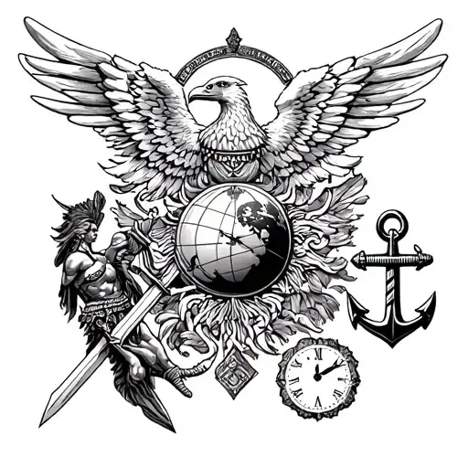 arch angel with sword, inca warrior with sun, United States marine eagle globe and anchor, clock, family  tattoo design idea