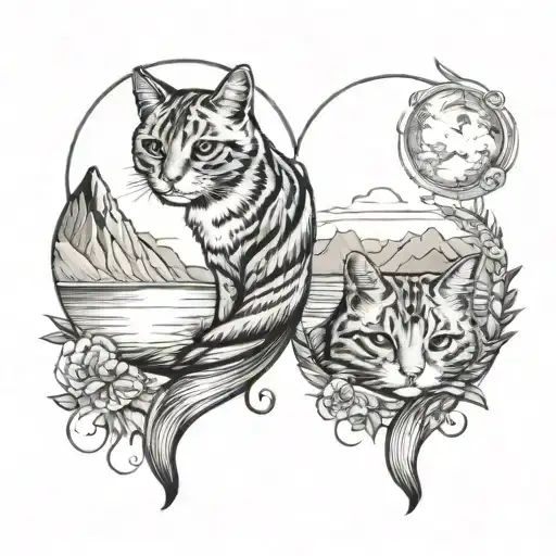pair of matching tattoos for a married couple that loves cats, mountains and ocean tattoo design idea