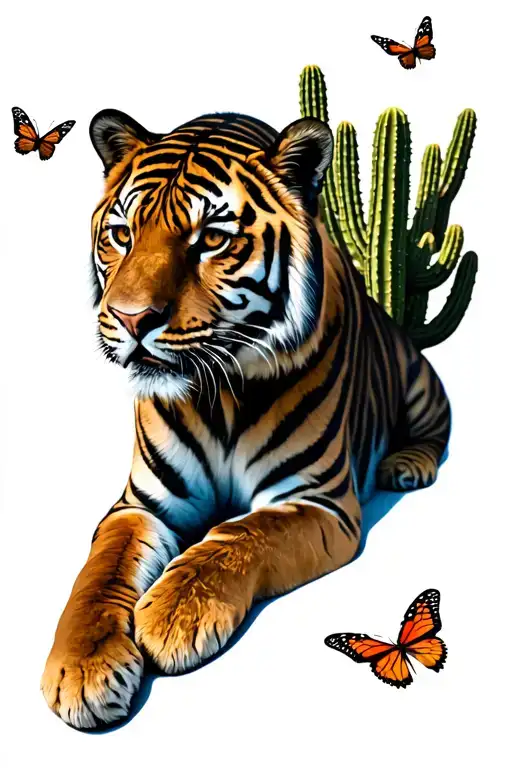 tiger lying in the desert with pretty cactus, plants and 5 butterflies flying around it  tattoo design idea
