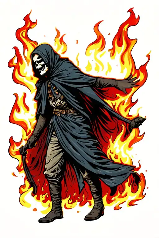 Draw a disturbed tattoos on full -length fire in the style of New Skul or traditional in a cloak and with a wild smile tattoo design idea