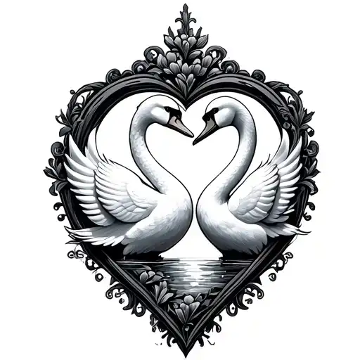 two swans inside a heart frame, make it sketchy and elegant, with cyber sidgilism tattoo design idea