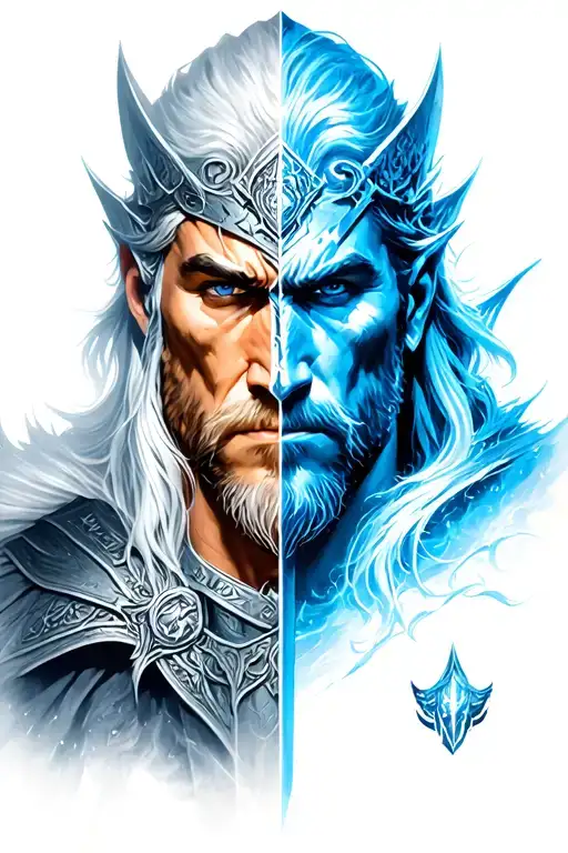 Half face of Arthas as a paladin and half as the Lich King, Frostmourne sword between them, contrast of light and shadow tattoo design idea