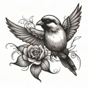 Sparrow flying diagonally down holding a violet flower in American traditional style tattoo design idea