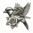 Sparrow flying diagonally down holding a violet flower in American traditional style tattoo design idea