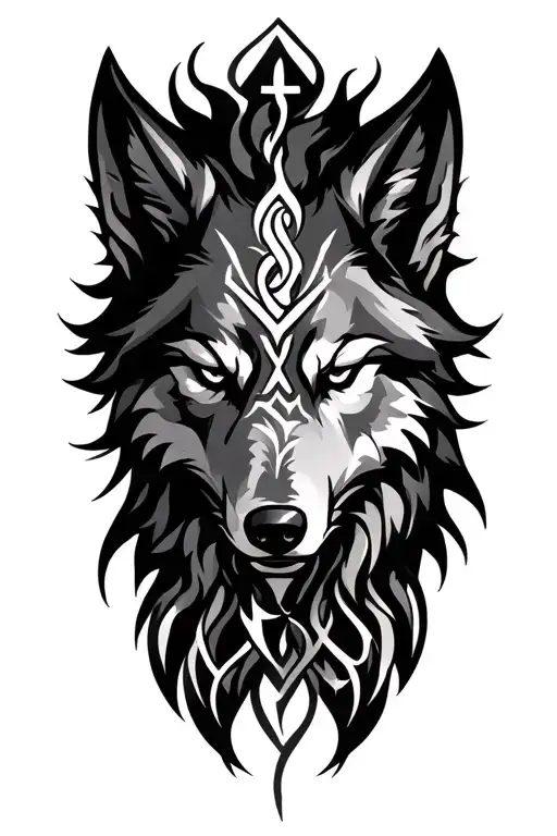 Fenrir wolf head with runes intertwined tattoo design idea