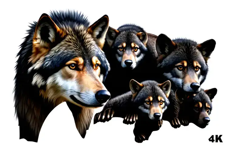 mother wolf with 6 cubs face only tattoo design idea