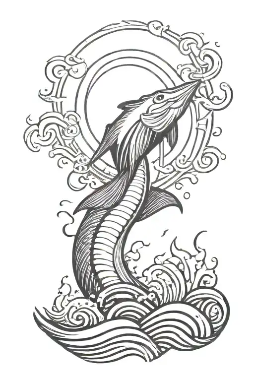 muscle contouring sun with waves and stingray tail at the bottom  tattoo design idea