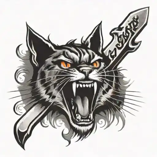 angry face of cat and word "unlucky" through letters "un" knife tattoo design idea