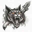 angry face of cat and word "unlucky" through letters "un" knife tattoo design idea