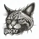 angry face of cat and word "unlucky" through letters "un" knife tattoo design idea