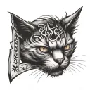 angry face of cat and word "unlucky" through letters "un" knife tattoo design idea