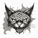 angry face of cat and word "unlucky" through letters "un" knife tattoo design idea