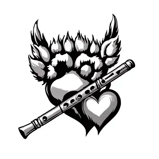 Paw, Flute and Heart tattoo design idea