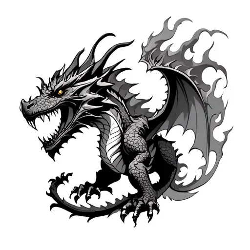 a dreadful ghastly and terrifying dragon covered in flames and thunder tattoo in the full back looking front tattoo design idea