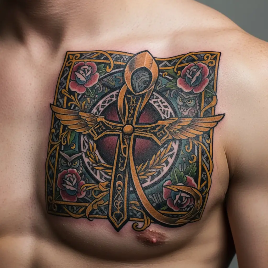 Egyptian Ankh with Roman Laurel Wreath: Start with the classic Egyptian ankh symbol, elongating the vertical line slight tattoo design idea