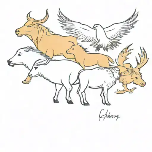 A tattoo featuring the following animals: Pumba, starling, golden eagle, bison and phoenix tattoo design idea