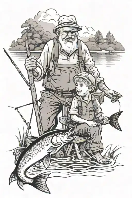 grandfather and grandson fishing scene tattoo design idea