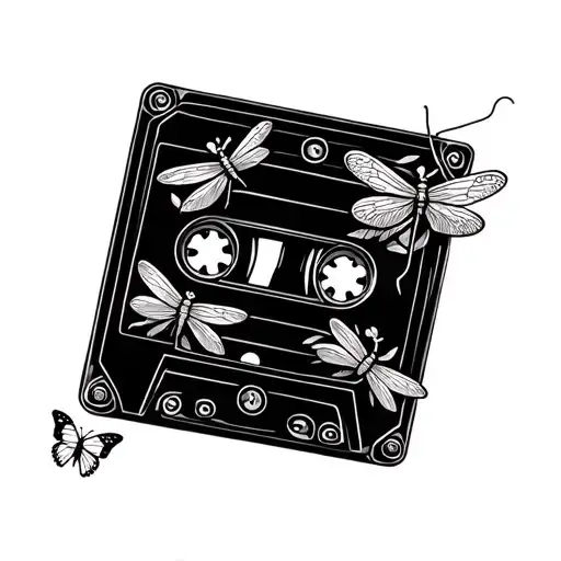 dainty fine line cassette tape with small dragonfly and butterfly on it  tattoo design idea