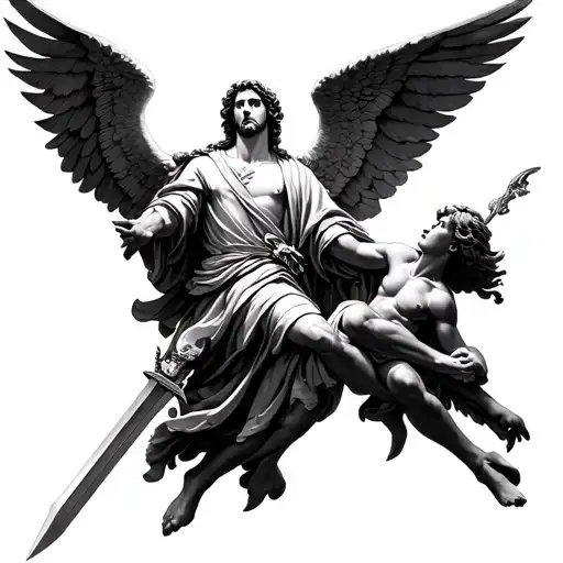full body image of st Michael wearing a robe defeating an angel with a sword  tattoo design idea