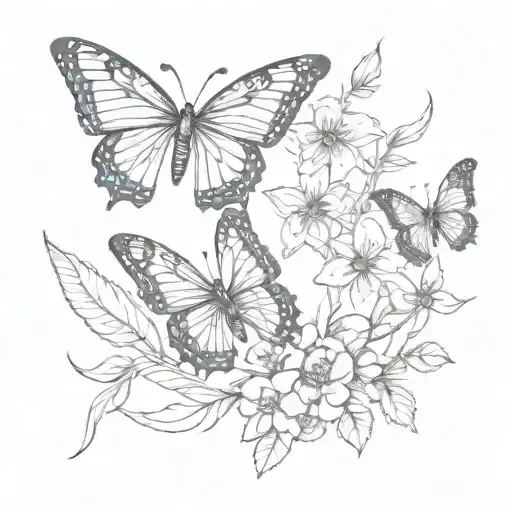 Butterfly tattoo, one wing of the butterfly is just an outline, and the second is in the form of a breeze of bush flowers tattoo design idea