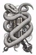 A sleek black and grey tattoo of a snake coiled around a vintage microphone, symbolizing music and reptiles tattoo design idea