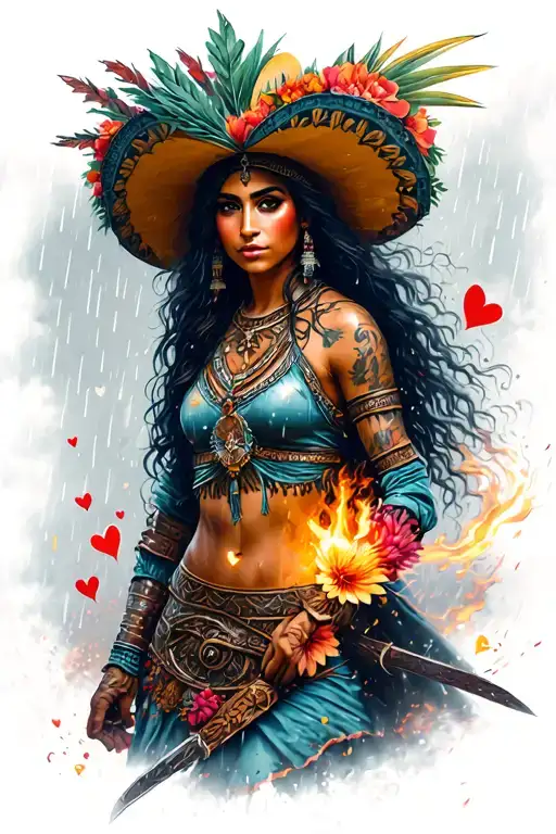 Mexican woman warrior in battle in a rain storm with ligh chasing love with hearts and flowers  tattoo design idea