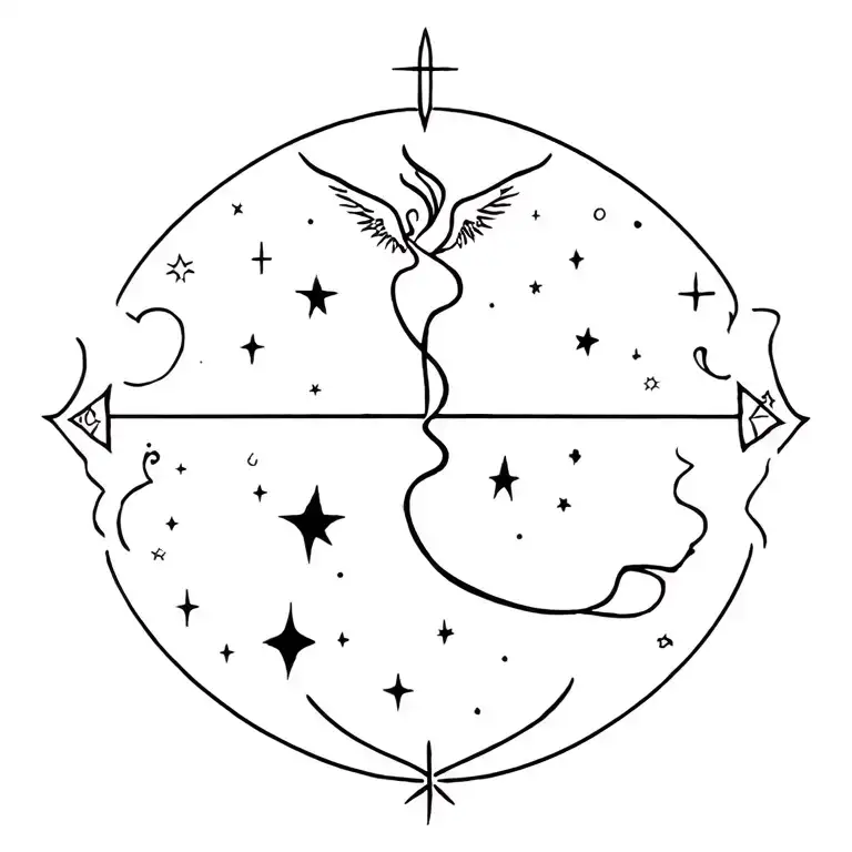 Tattoo that goes on the spine that is very minimal with fine lines and includes themes of night, angels, stars, and wisp tattoo design idea