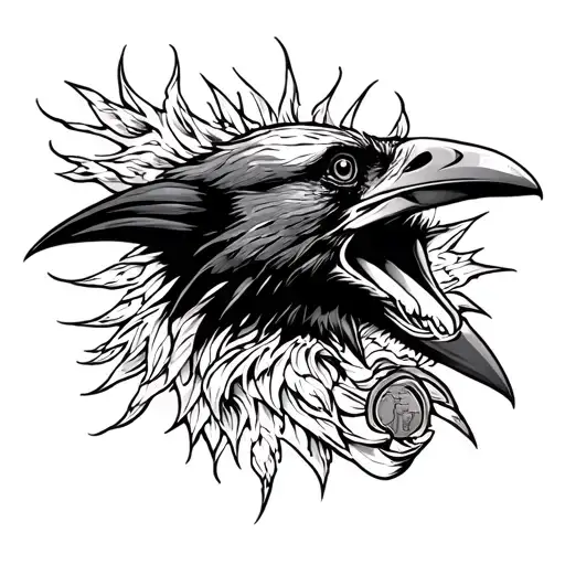 raven head with two Pennie's in it's mouth open tattoo design idea