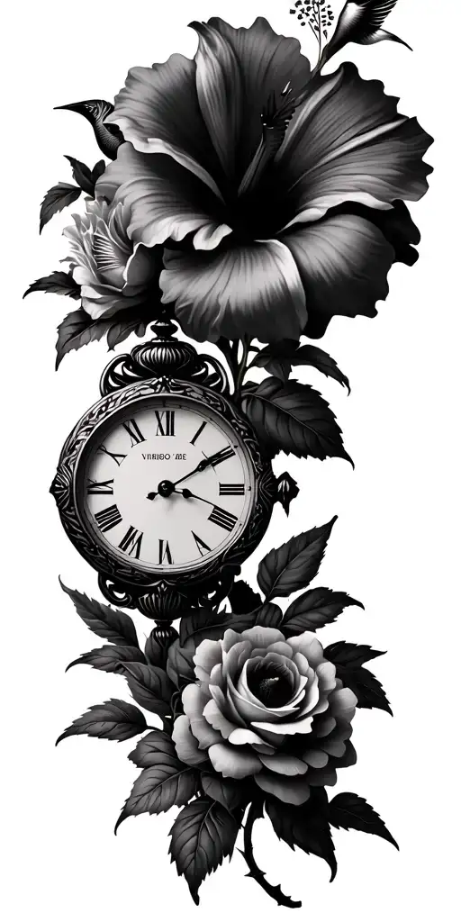 Hibiscus, sunflower roses, hummingbird Virgo glyph, a blooming Gladiolus flower, and a vintage timepiece frozen at 8:24 tattoo design idea