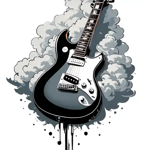 dire straits brothers in arms guitar, surrounded by clouds tattoo design idea